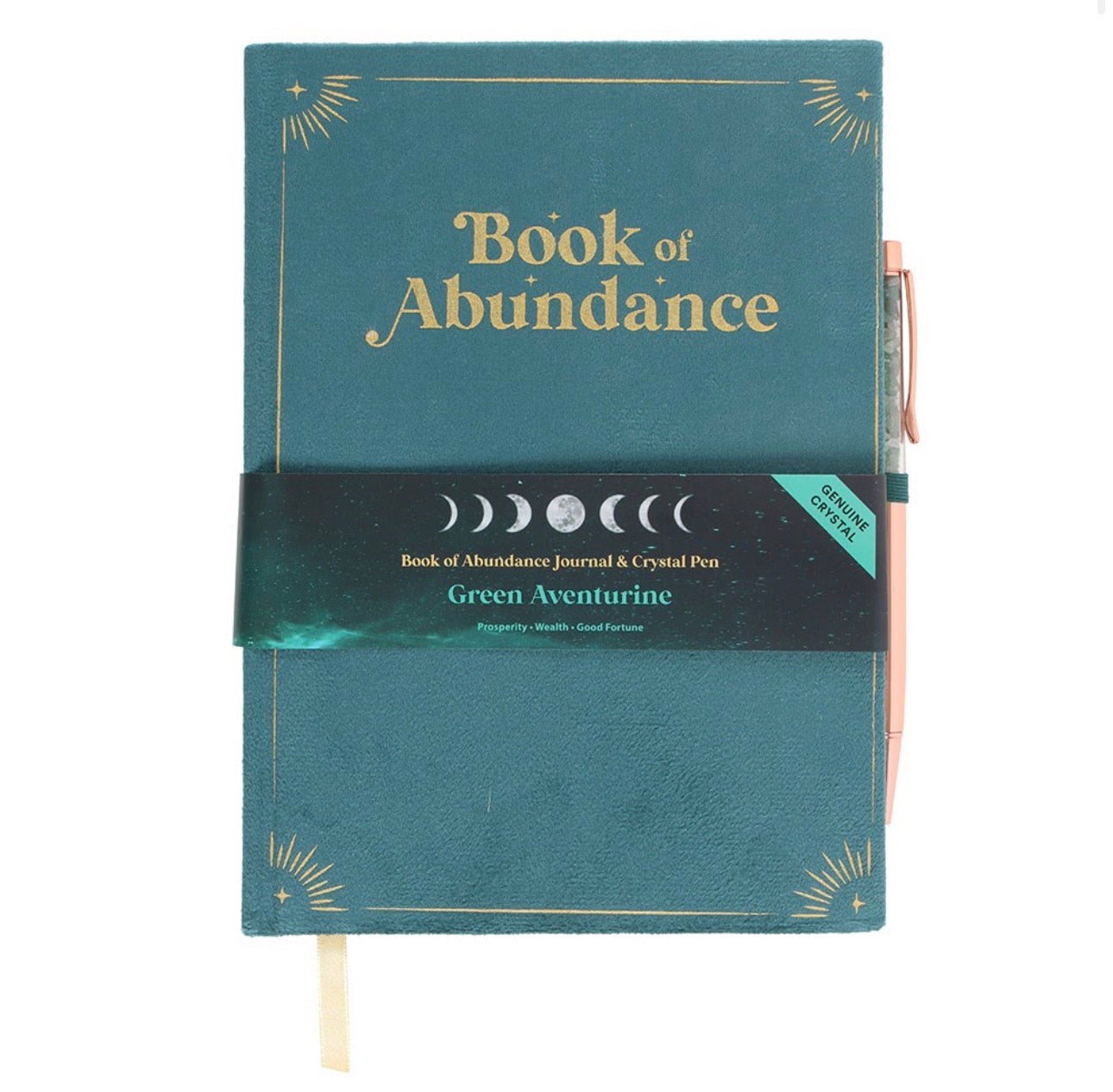 CUADERNO DE LA ABUNDANCIA, DIARIO CON PLUMA DE CRISTAL DE AVENTURINA VERDE