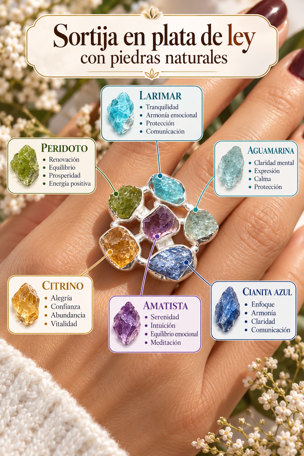 Anillo Artesanal de Plata de Ley 925 con Seis Minerales Naturales Armonía de los Elementos