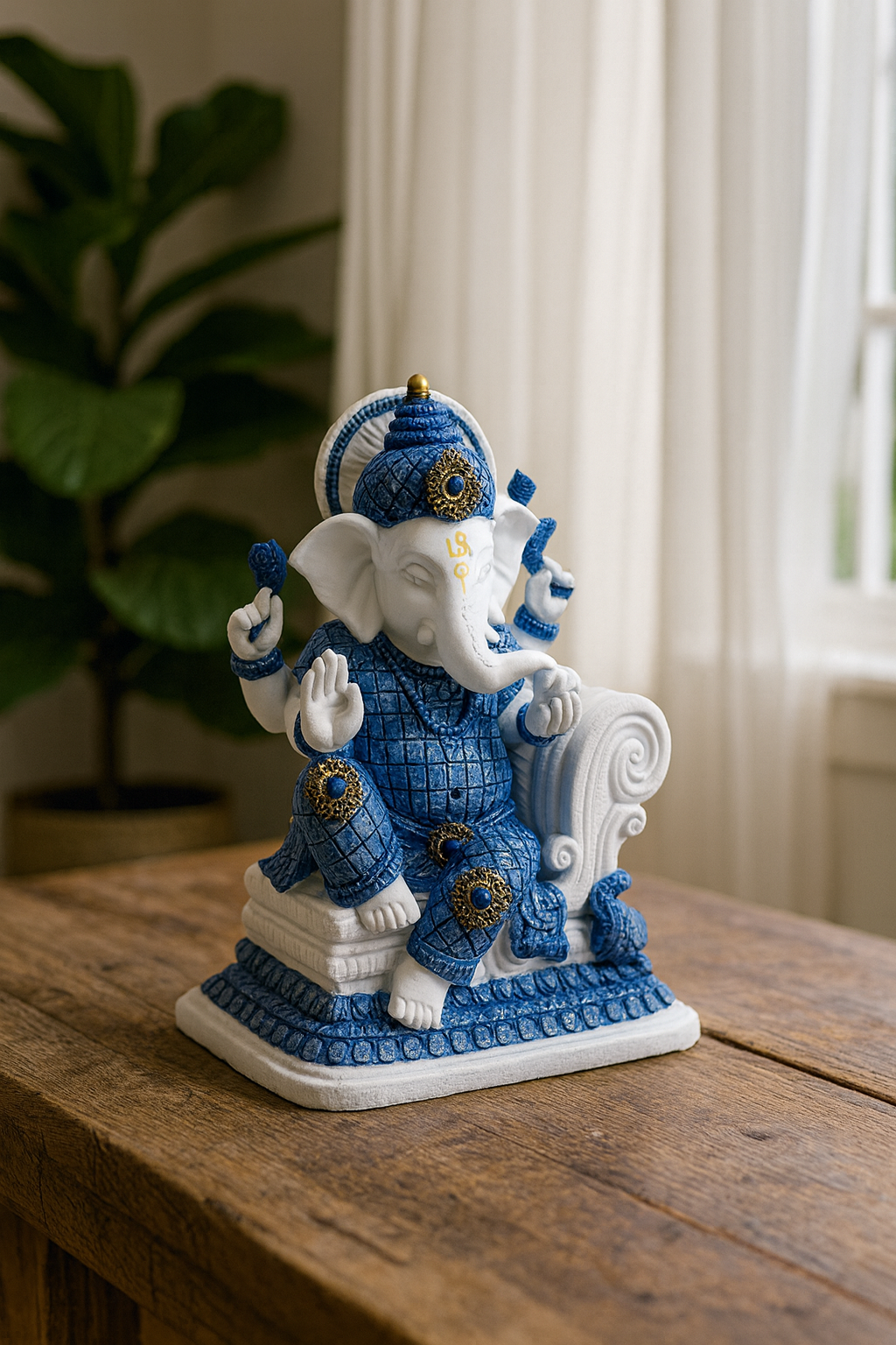 Figura Ganesh Blanca y Azul en Postura de Meditación