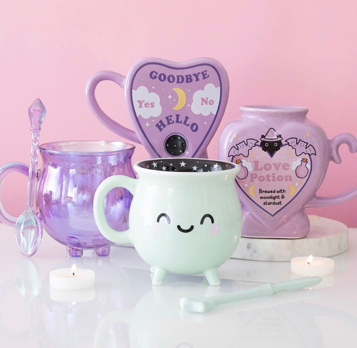 TAZA CALDERO DE VIDRIO IRIDISCENTE LILA CON CUCHARA MÁGICA