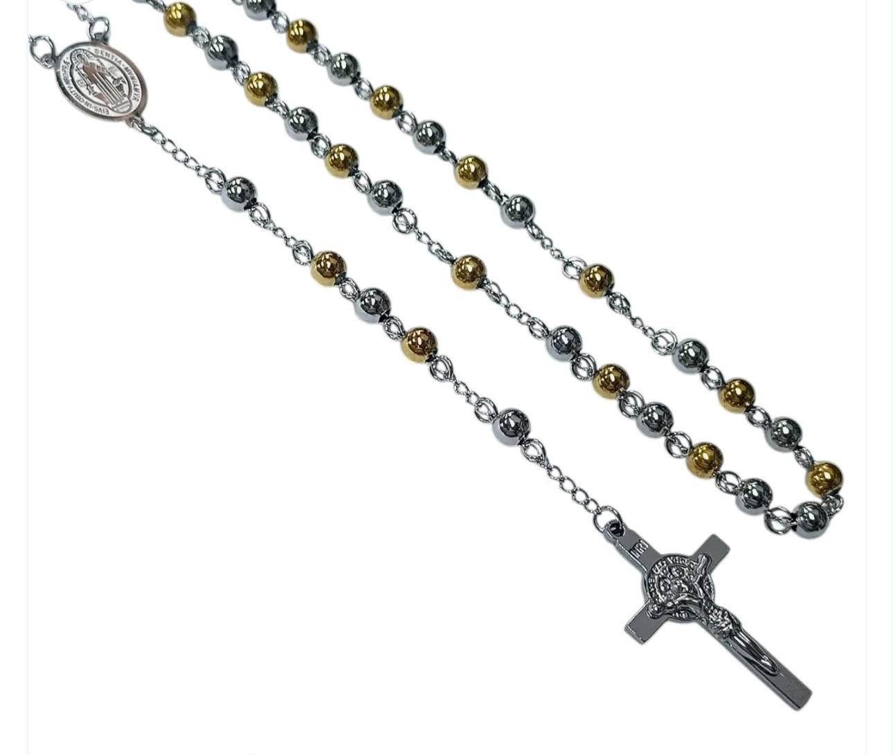 Collar Acero Inoxidable Dorado y Plateado Rosario bolas 6mm