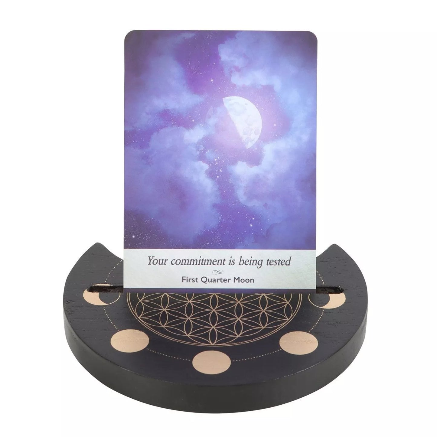 Soporte de cartas del Tarot de la Luna Creciente con la Flor de la Vida Negra