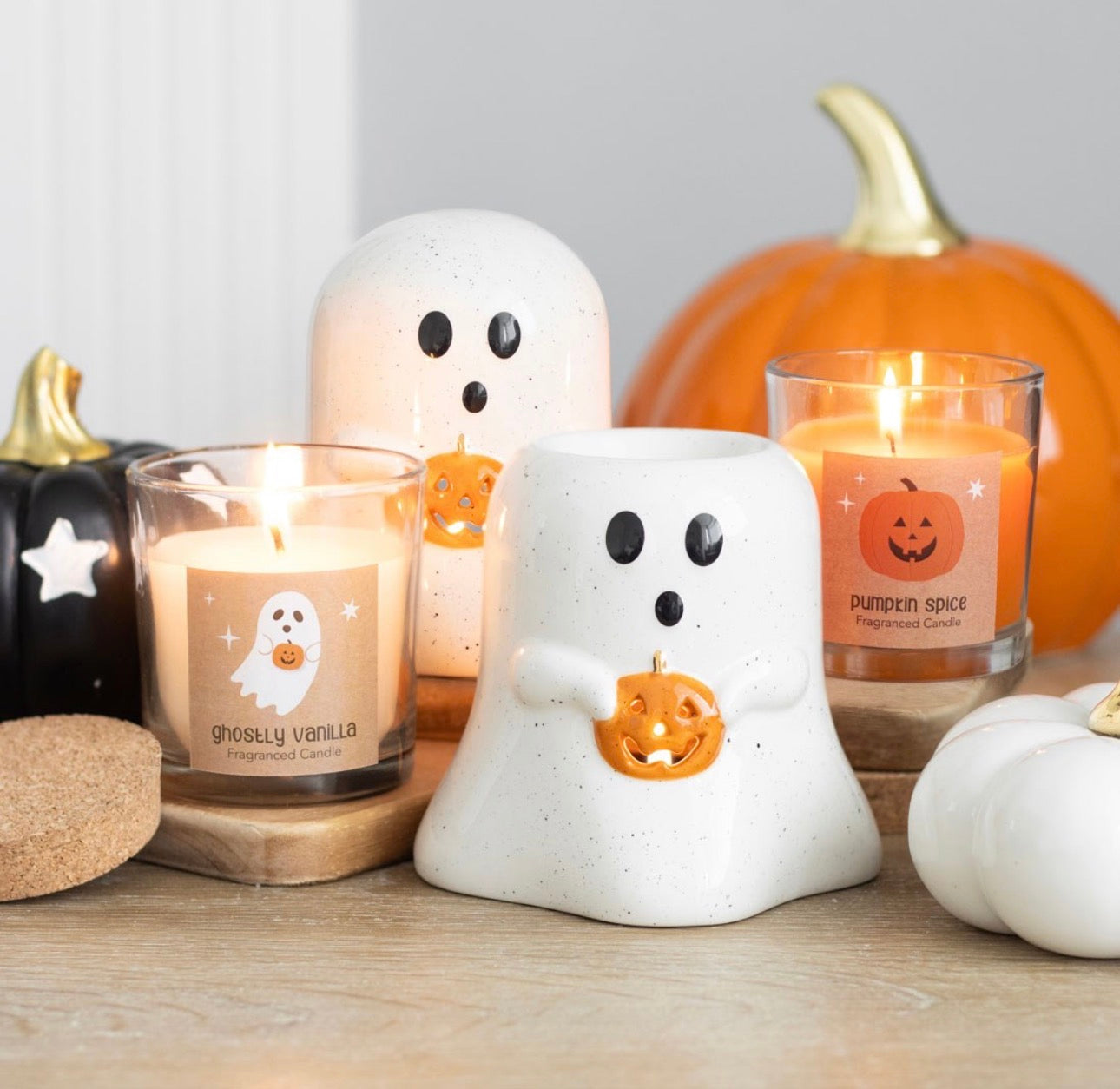 PORTAVELAS CON FORMA DE FANTASMA Y CALABAZA