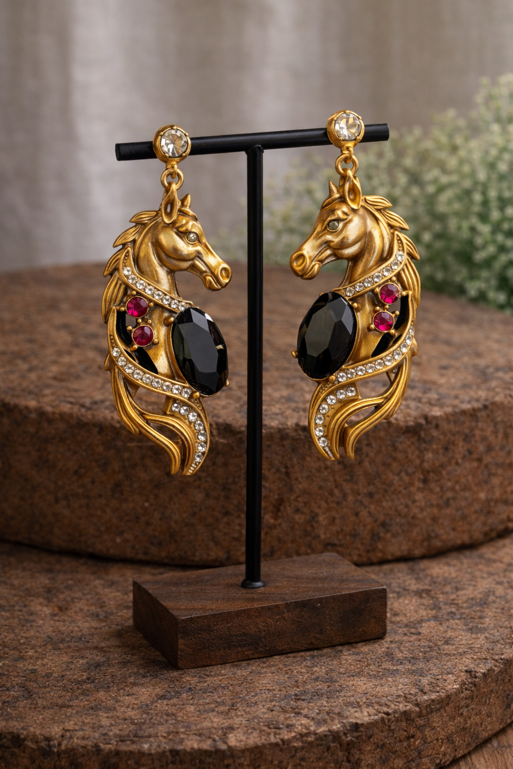 Pendientes Caballo Dorado con Piedra Morada