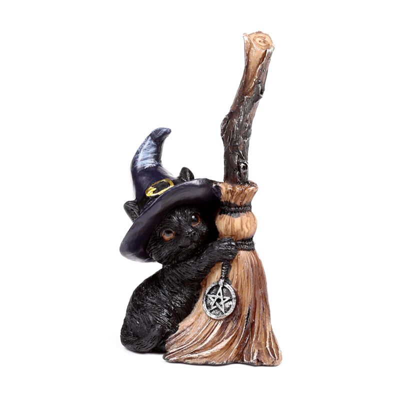 Figura Bruja Gato Negro con Escoba