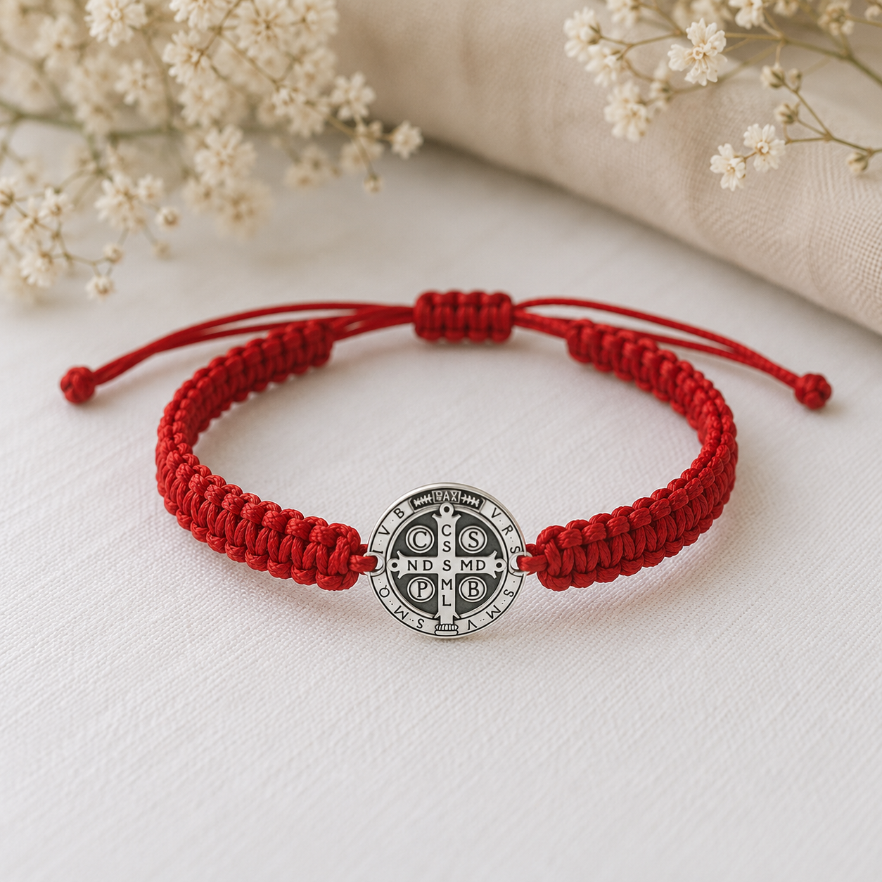 Pulsera de San Benito en hilo rojo y plata