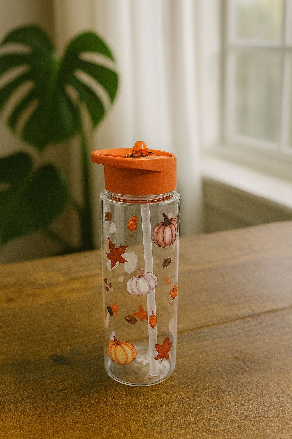 Botella Otoñal con Pajita – Calabazas y Hojas