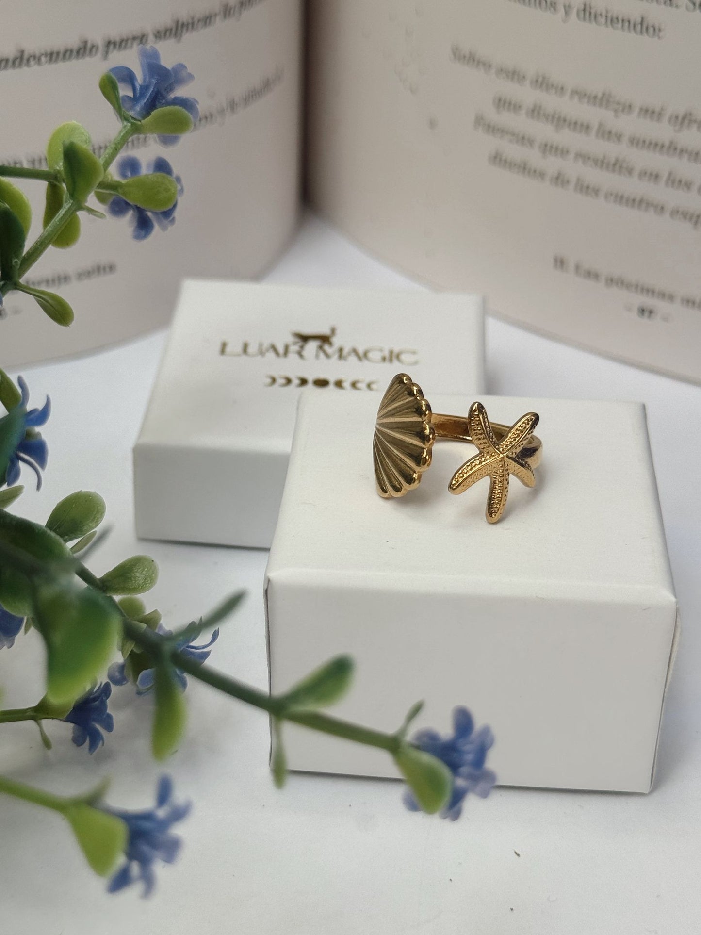 Anillo Ajustable Estrella y Concha Marina – Acero Inoxidable