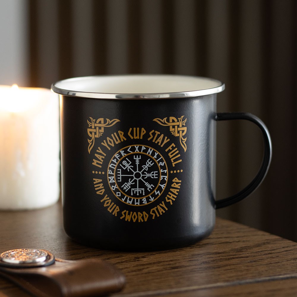 Taza esmaltada con brújula vikinga
