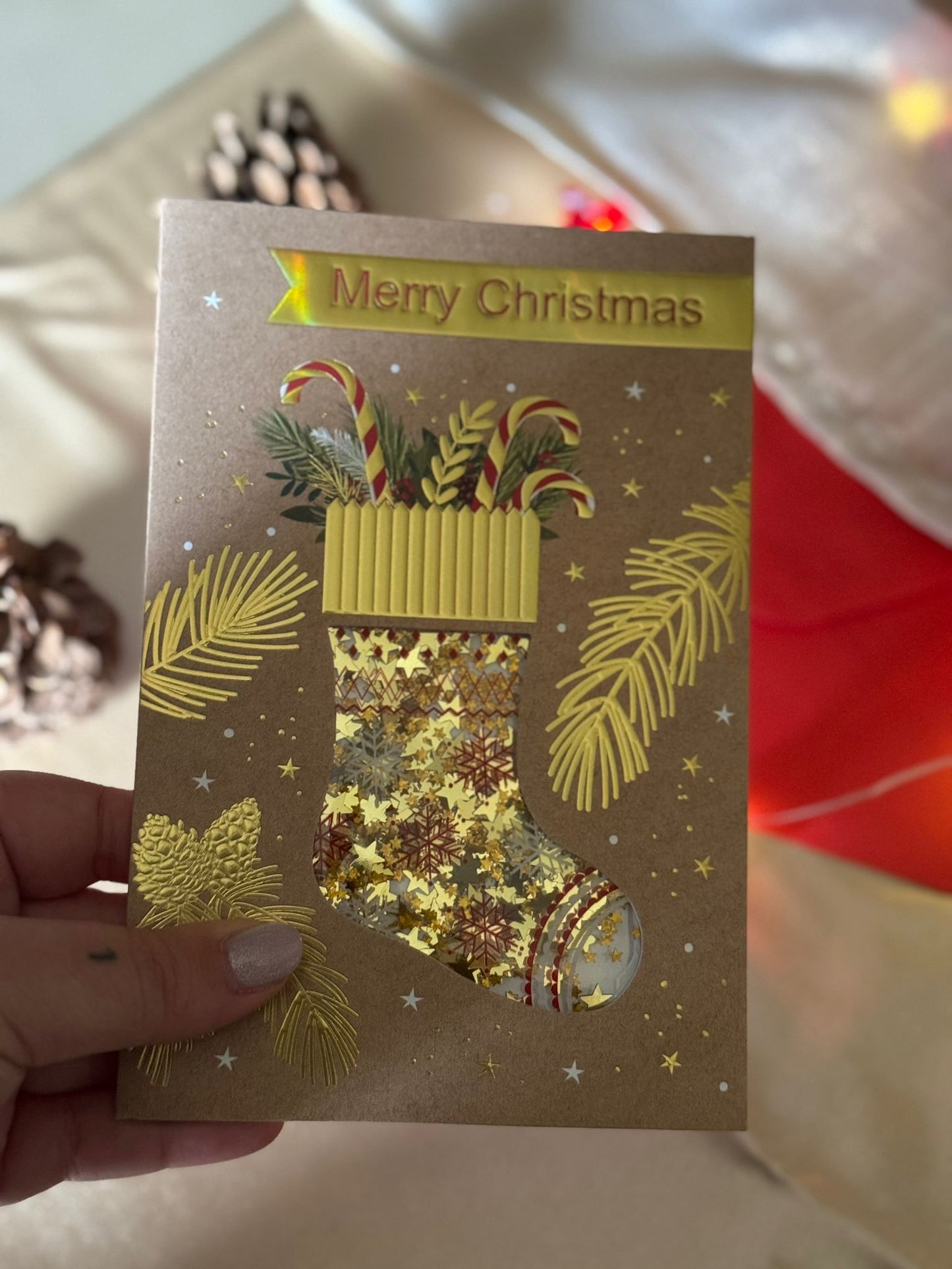 Postal Mágica de Navidad – Calcetín de Nieve con Purpurina + sobre