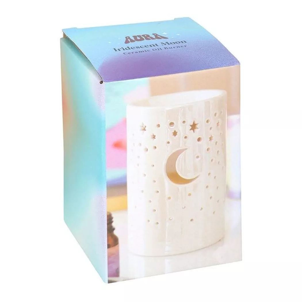 Quemador de aceite y calentador de cera con forma de pilar de luna blanca iridiscente.