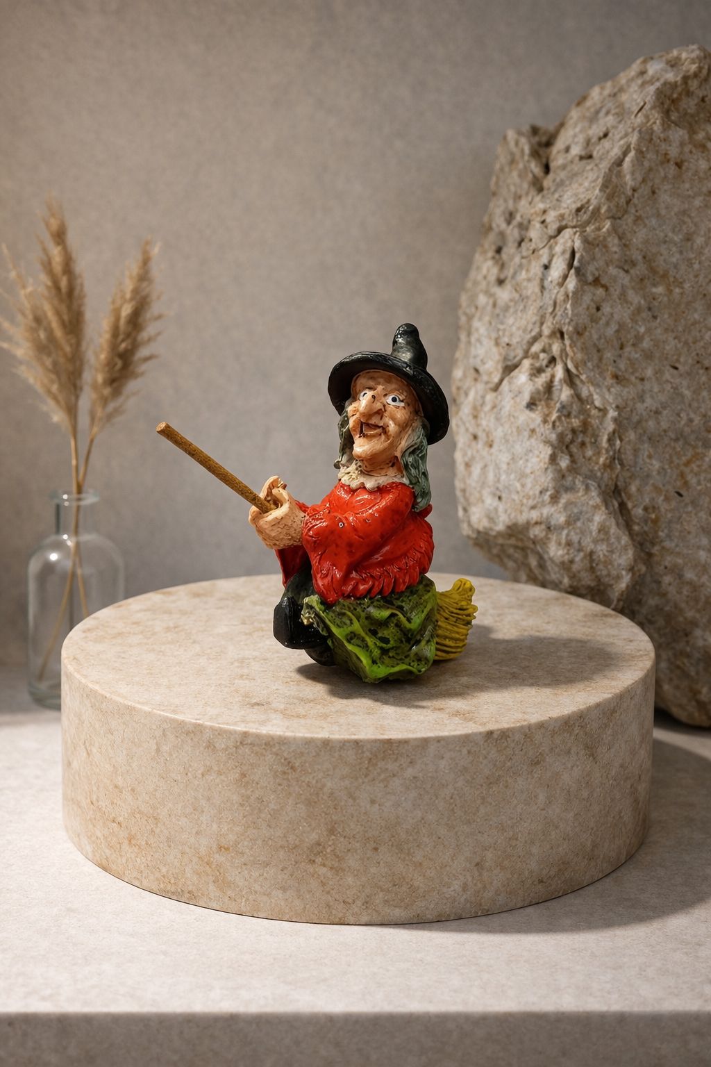 Figura brujita de la suerte y protección en escoba.