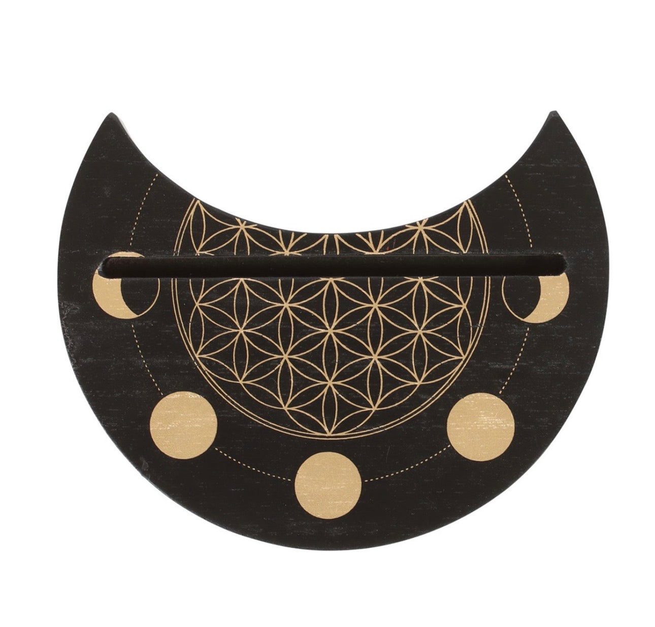 SOPORTE PARA CARTAS DEL TAROT «FLOR DE LA VIDA Y LUNA CRECIENTE» EN NEGRO