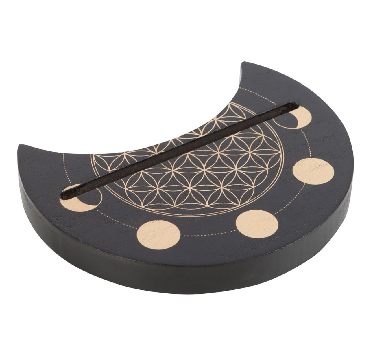 SOPORTE PARA CARTAS DEL TAROT «FLOR DE LA VIDA Y LUNA CRECIENTE» EN NEGRO