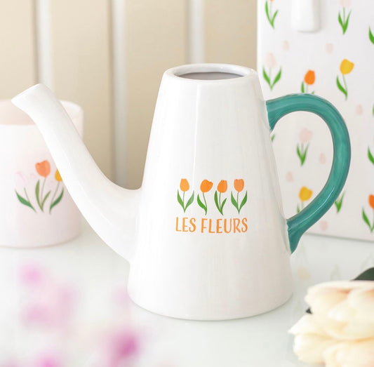REGADERA DE CERÁMICA CON FLORES DE TULIPANES