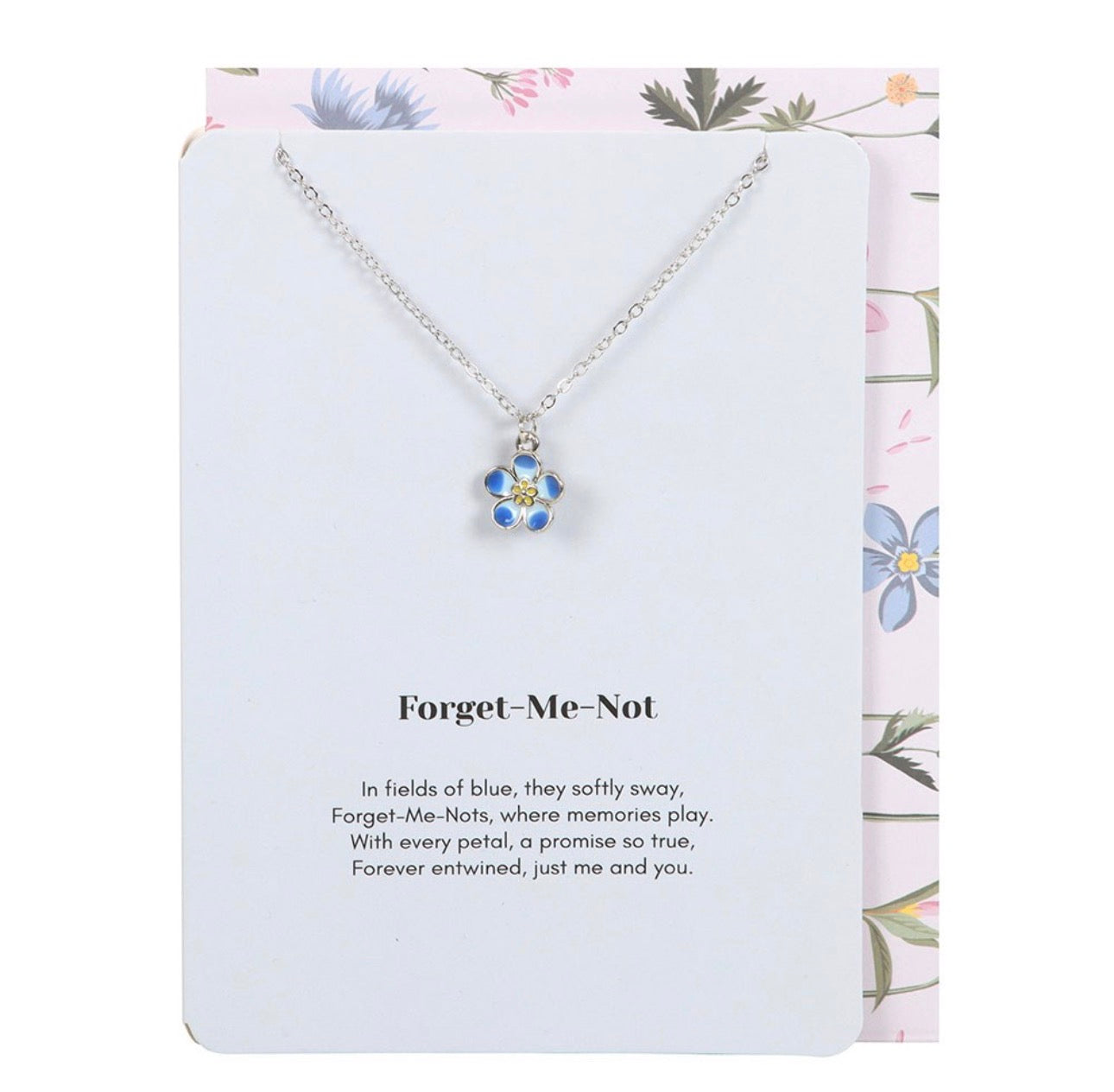 COLLAR DE FLORES DE NOMEOLVIDES EN TARJETA DE FELICITACIÓN