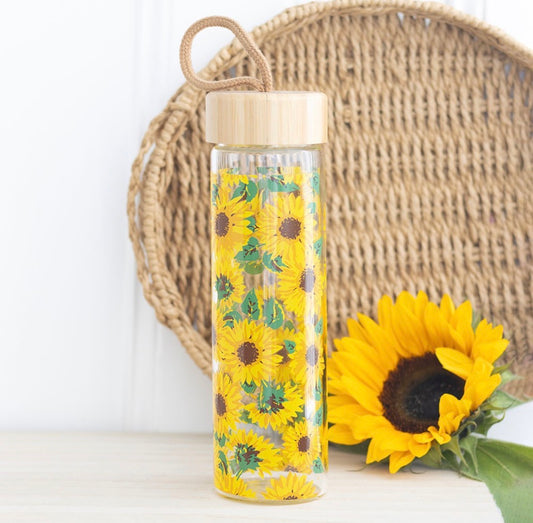 BOTELLA DE AGUA DE VIDRIO CON ESTAMPADO DE GIRASOL