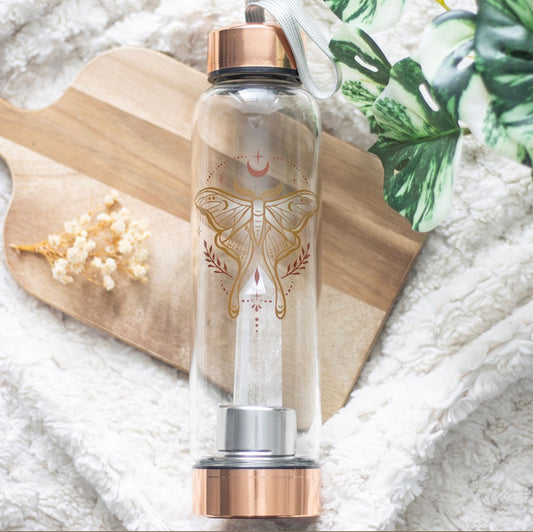 Botella de agua de cristal Luna Moth con cristal de cuarzo maestro