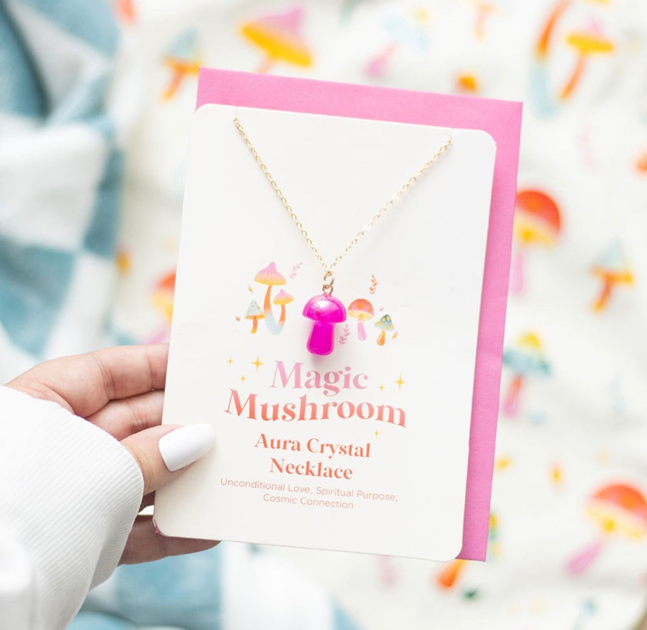 TARJETA DE FELICITACIÓN CON COLLAR DE HONGO AURA ROSA