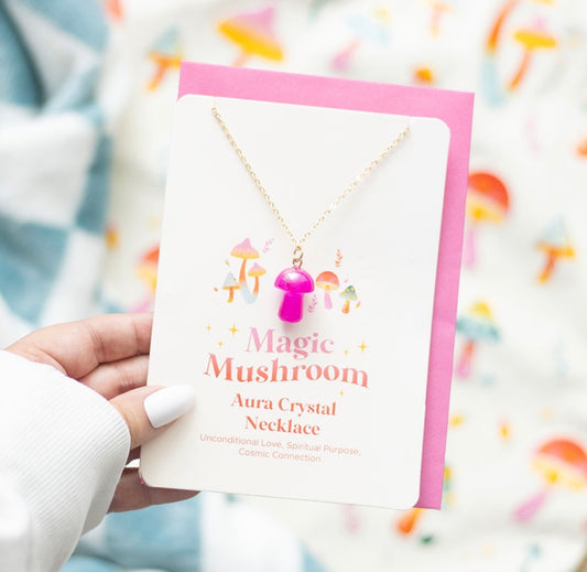 TARJETA DE FELICITACIÓN CON COLLAR DE HONGO AURA ROSA