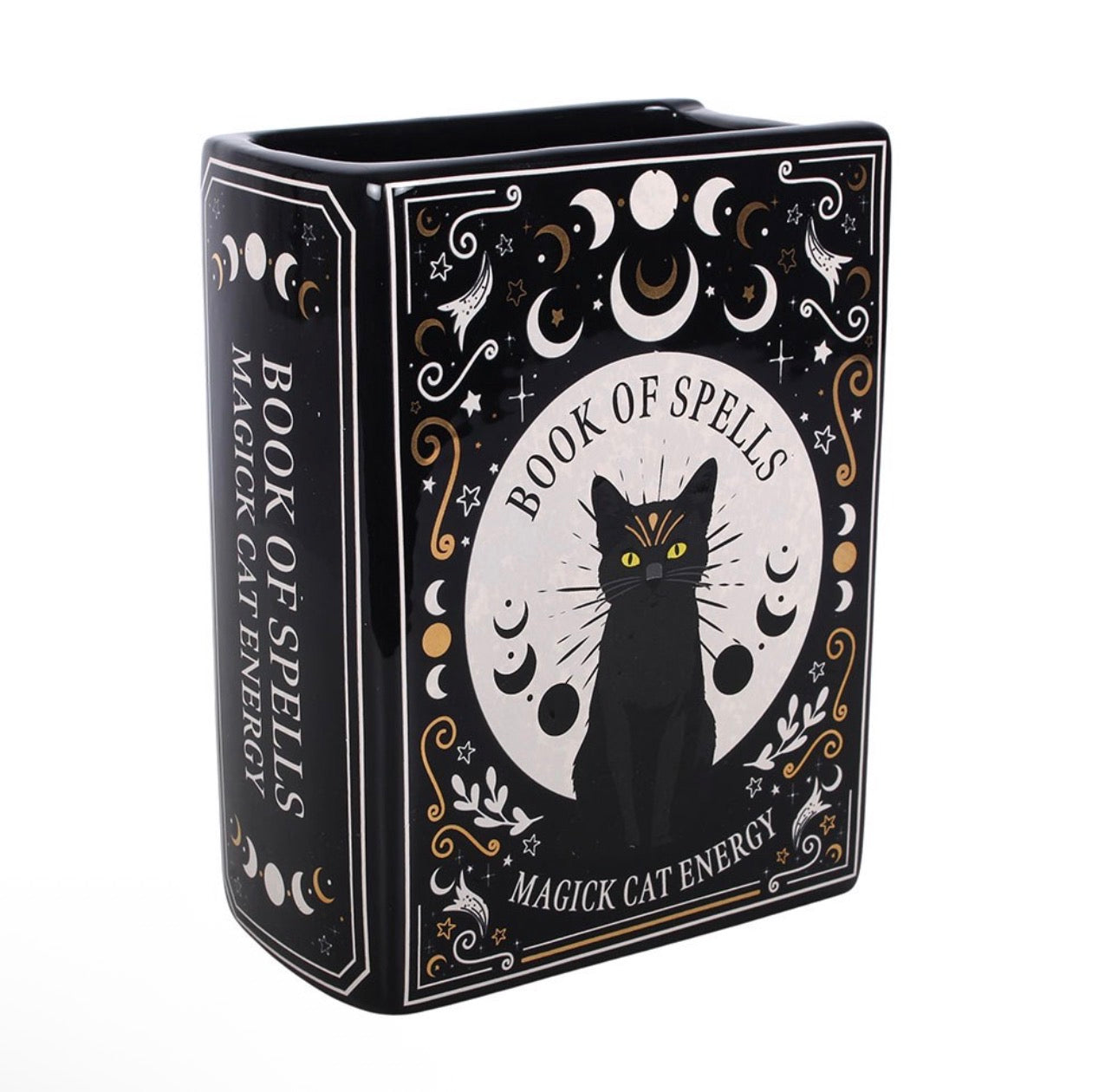 Jarrón de flores con forma de libro de magia de gato negro