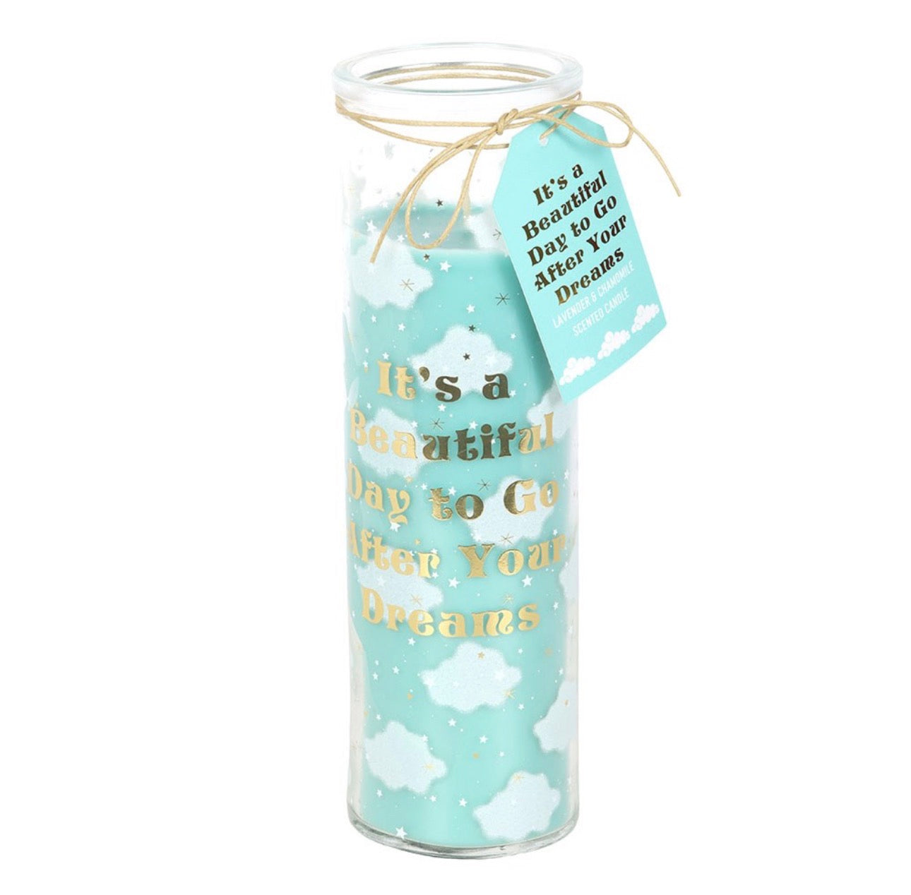 Vela tubular con estampado de nubes, con aroma a lavanda y manzanilla