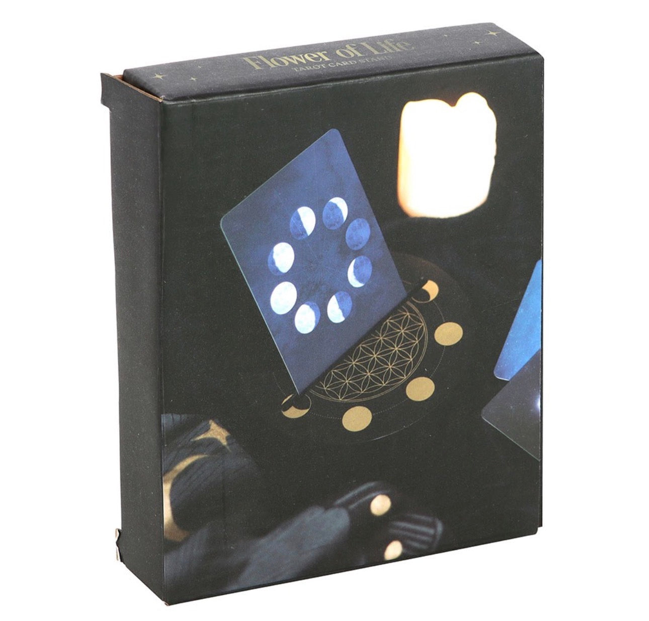 SOPORTE PARA CARTAS DEL TAROT «FLOR DE LA VIDA Y LUNA CRECIENTE» EN NEGRO