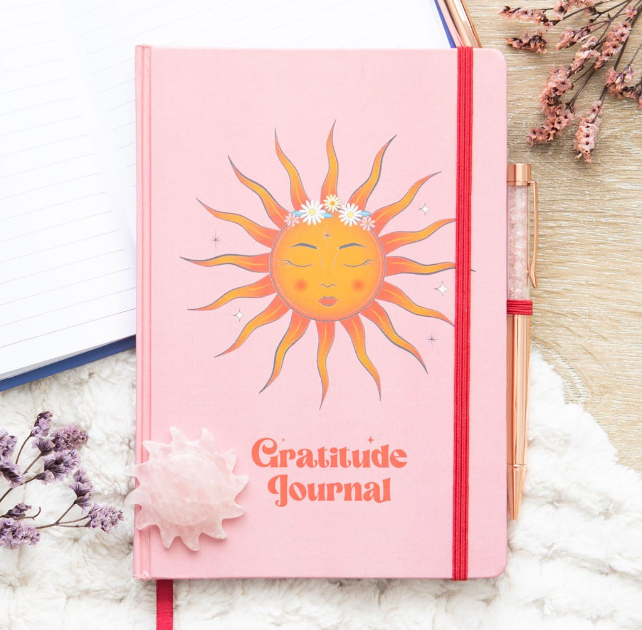 Libreta The Sun Gratitude Journal con bolígrafo de cuarzo rosa