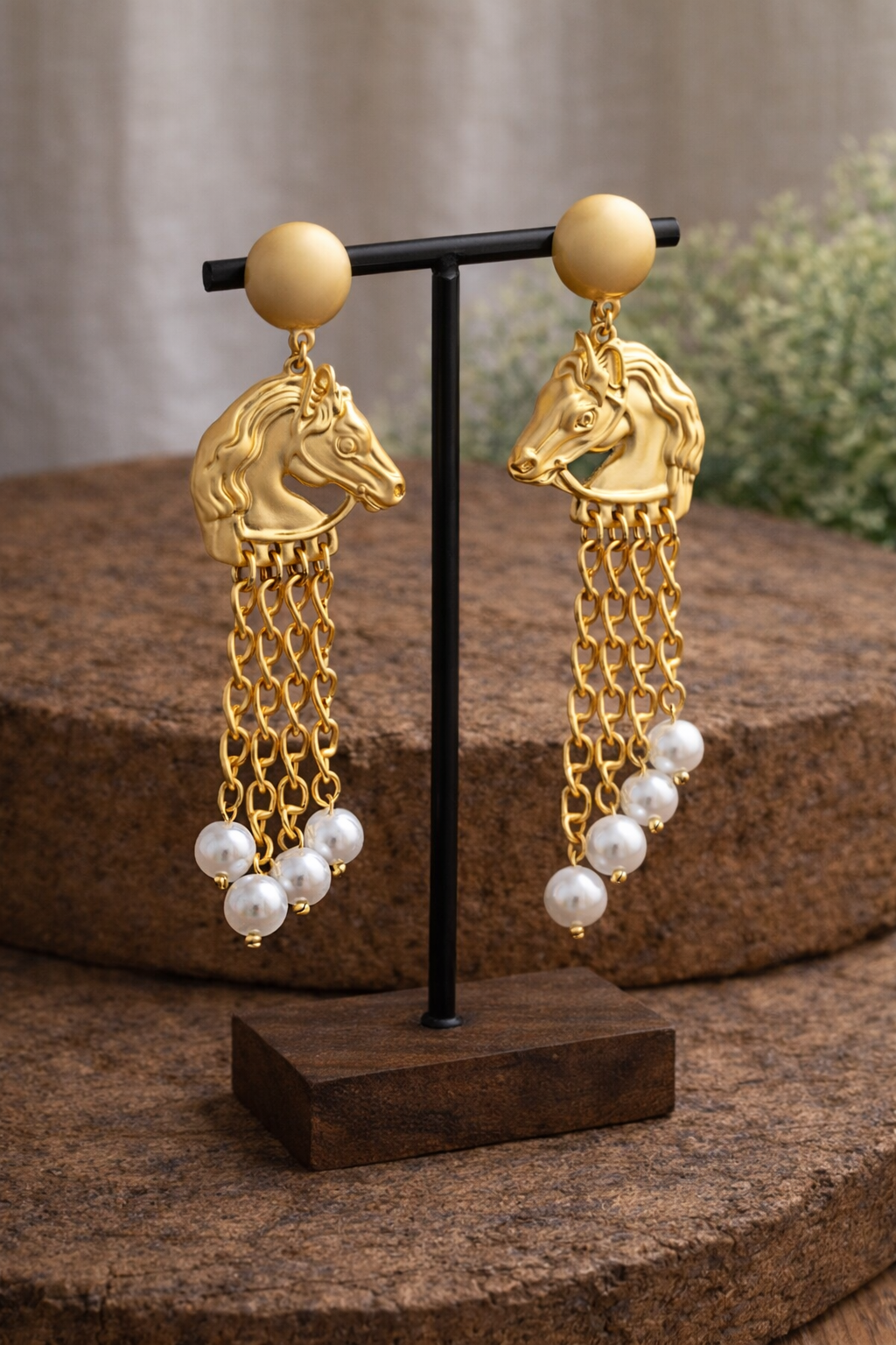 Pendientes Caballo Dorado con Perlas