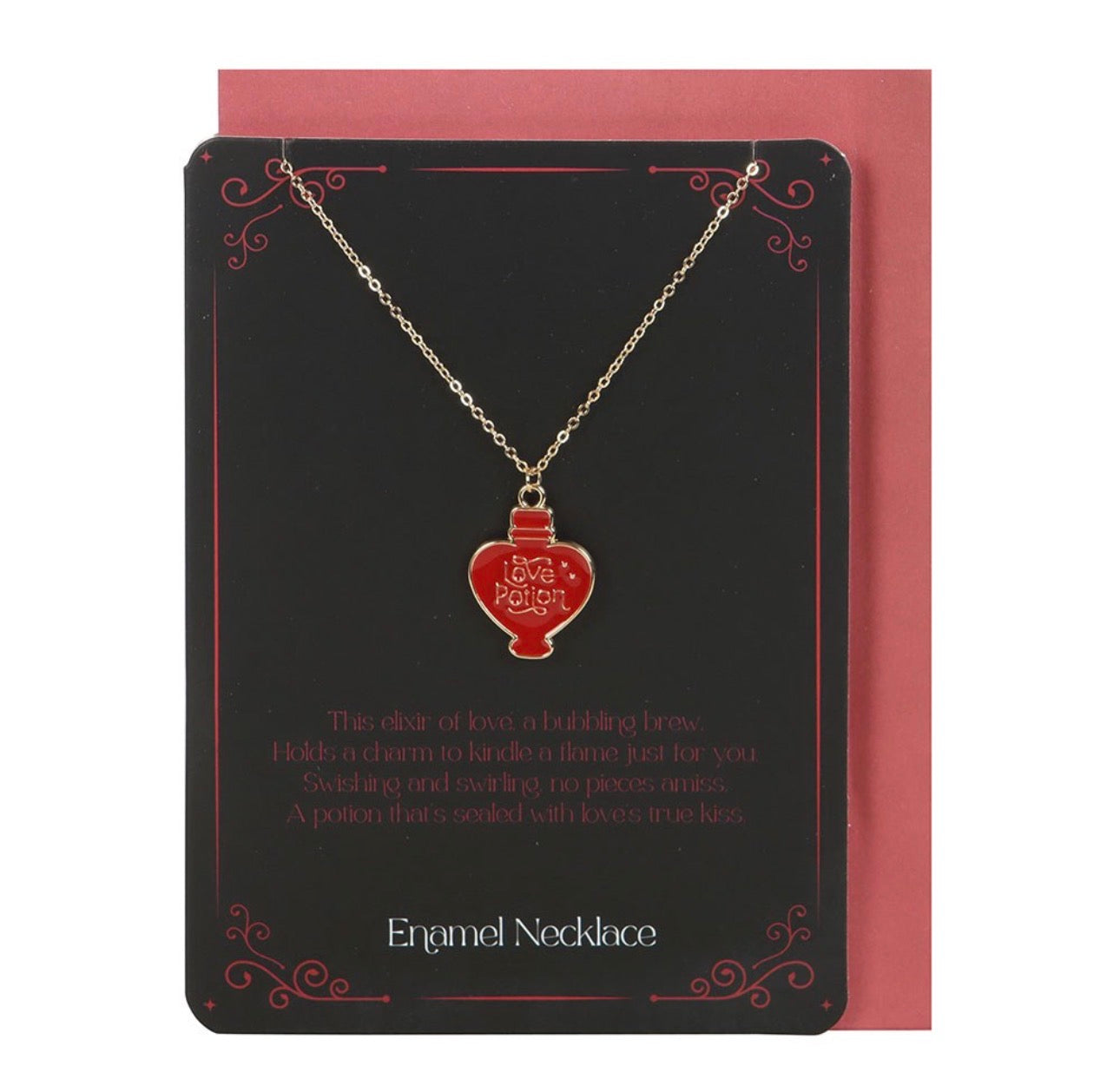 TARJETA DE FELICITACIÓN CON COLLAR DE ESMALTE DE POCIÓN DE AMOR