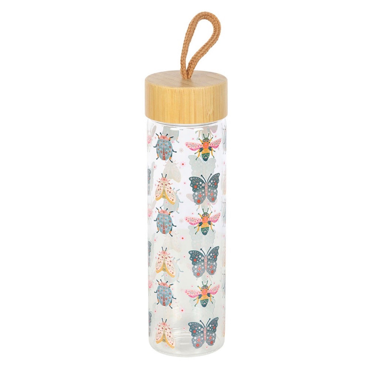 BOTELLA DE AGUA DE VIDRIO CON ESTAMPADO FLORAL DE INSECTOS