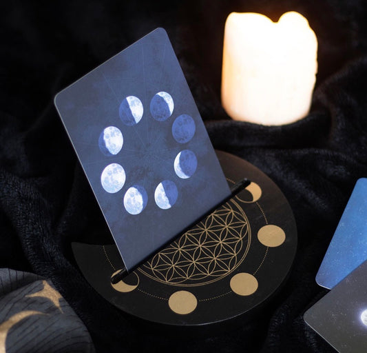 SOPORTE PARA CARTAS DEL TAROT «FLOR DE LA VIDA Y LUNA CRECIENTE» EN NEGRO