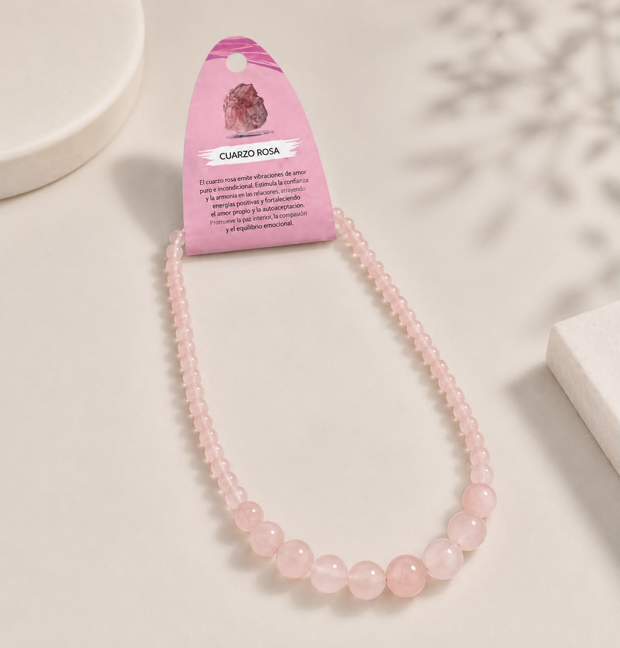 Collar Cuarzo Rosa 6 mm 59 Cms Cierre Acero