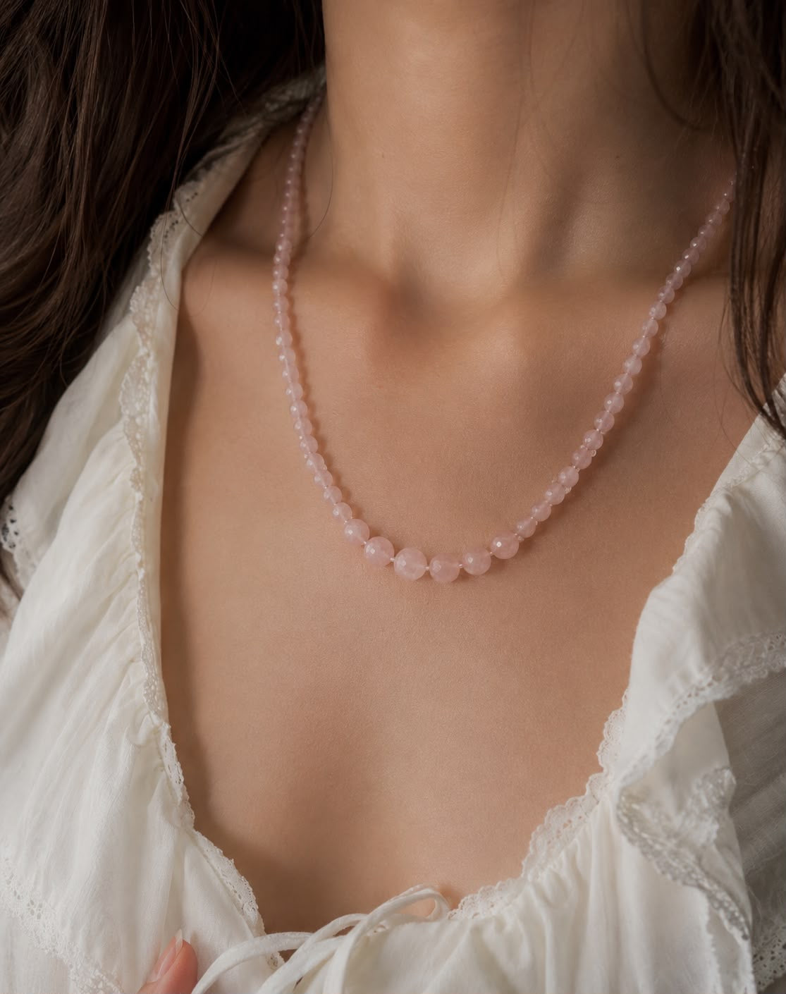 Collar Cuarzo Rosa 6 mm 59 Cms Cierre Acero
