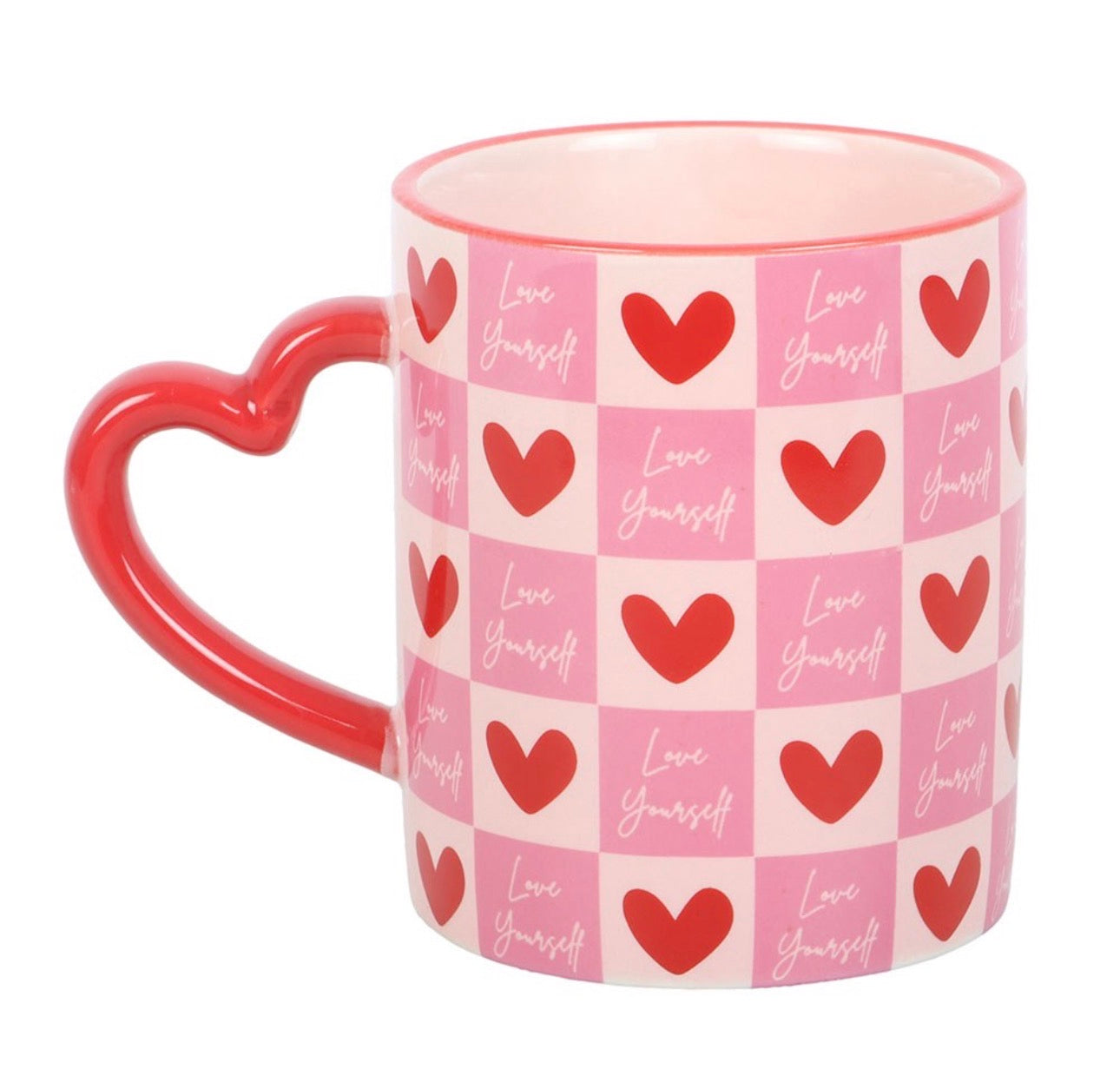 ÁMATE A TI MISMO TAZA A CUADROS CON ASA EN FORMA DE CORAZÓN