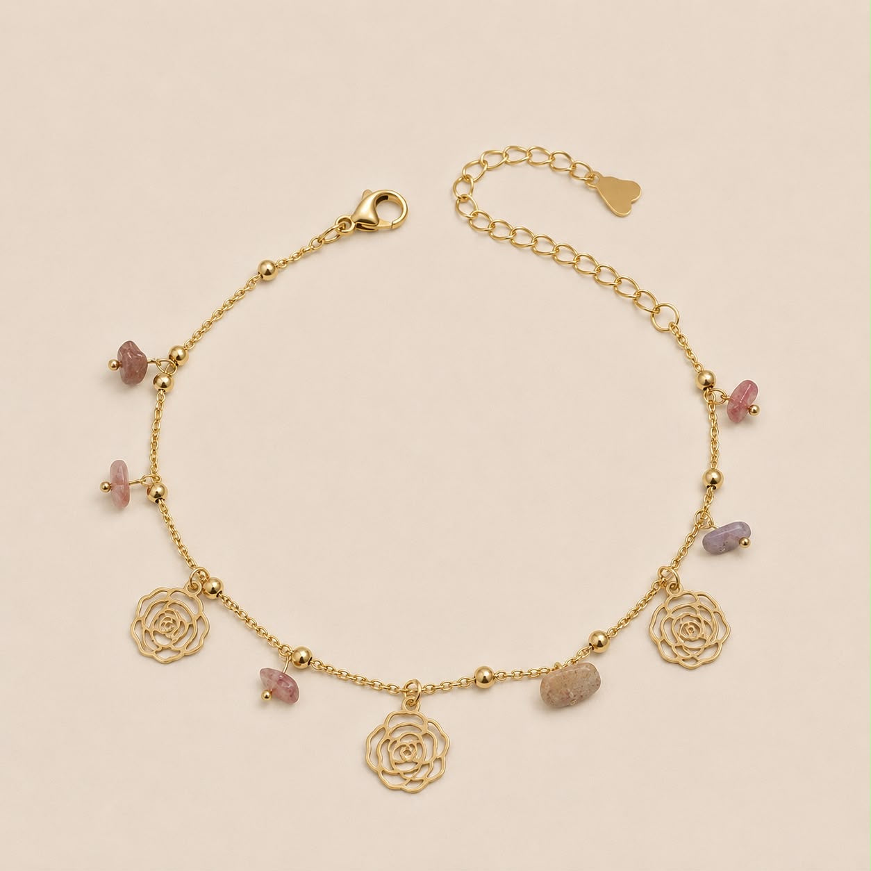 Tobillera Acero Inoxidable Dorado Con Dijes de Rosas y minerales