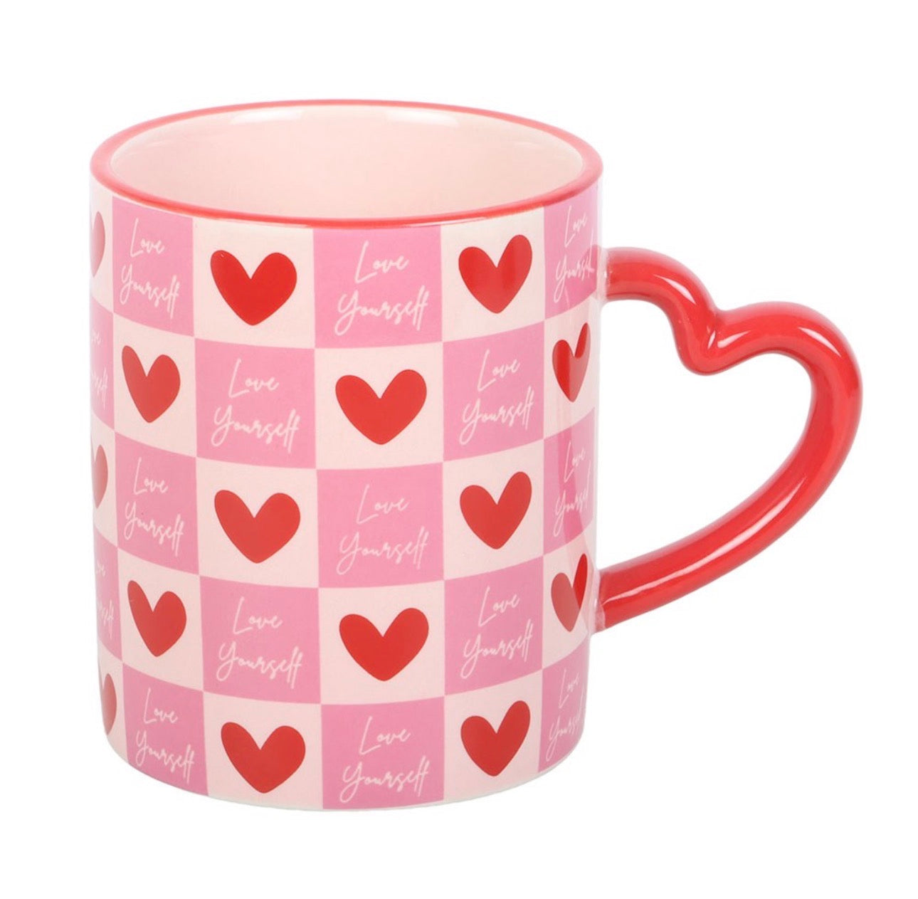 ÁMATE A TI MISMO TAZA A CUADROS CON ASA EN FORMA DE CORAZÓN