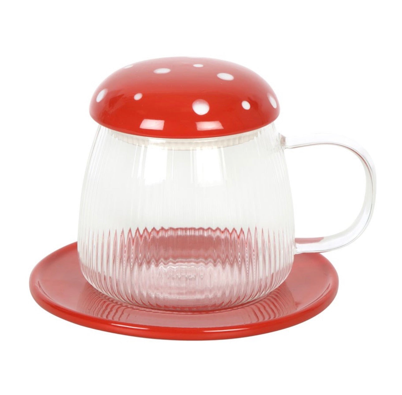 TAZA Y PLATO DE VIDRIO ROJO CON FORMA DE SETA