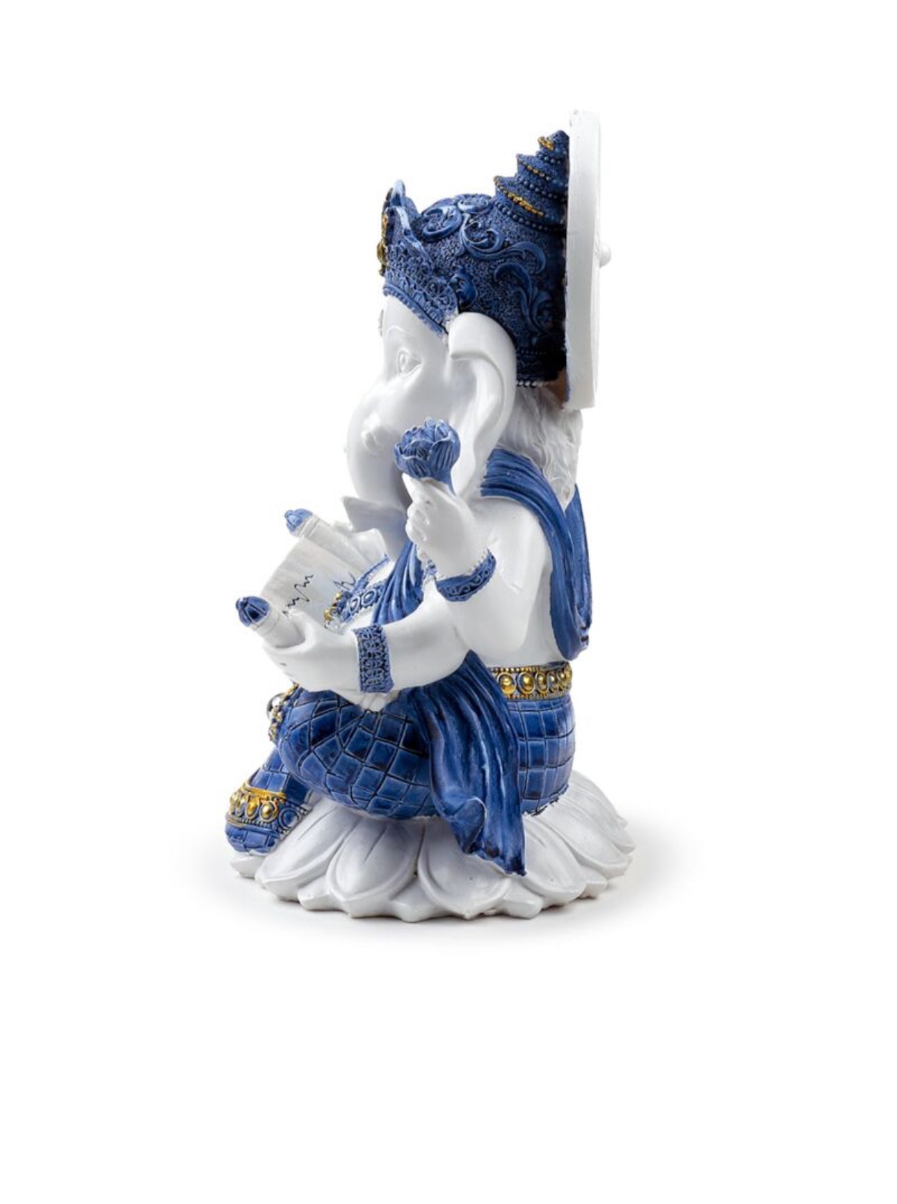 Figura Ganesha Blanca y Azul Postura Meditación