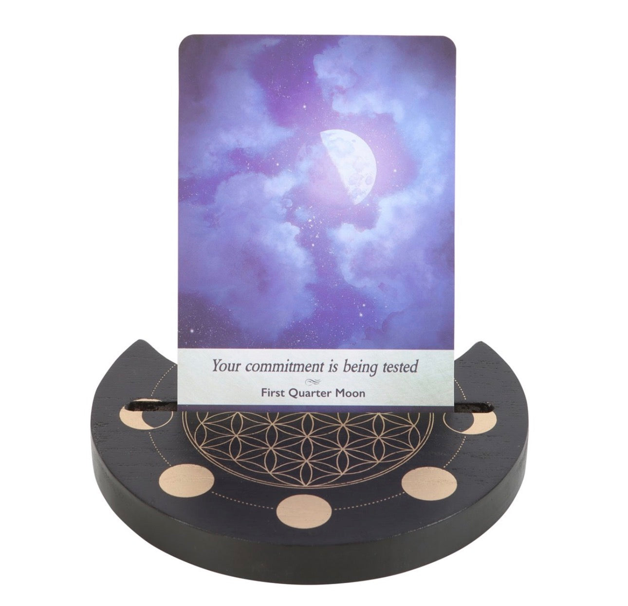 SOPORTE PARA CARTAS DEL TAROT «FLOR DE LA VIDA Y LUNA CRECIENTE» EN NEGRO