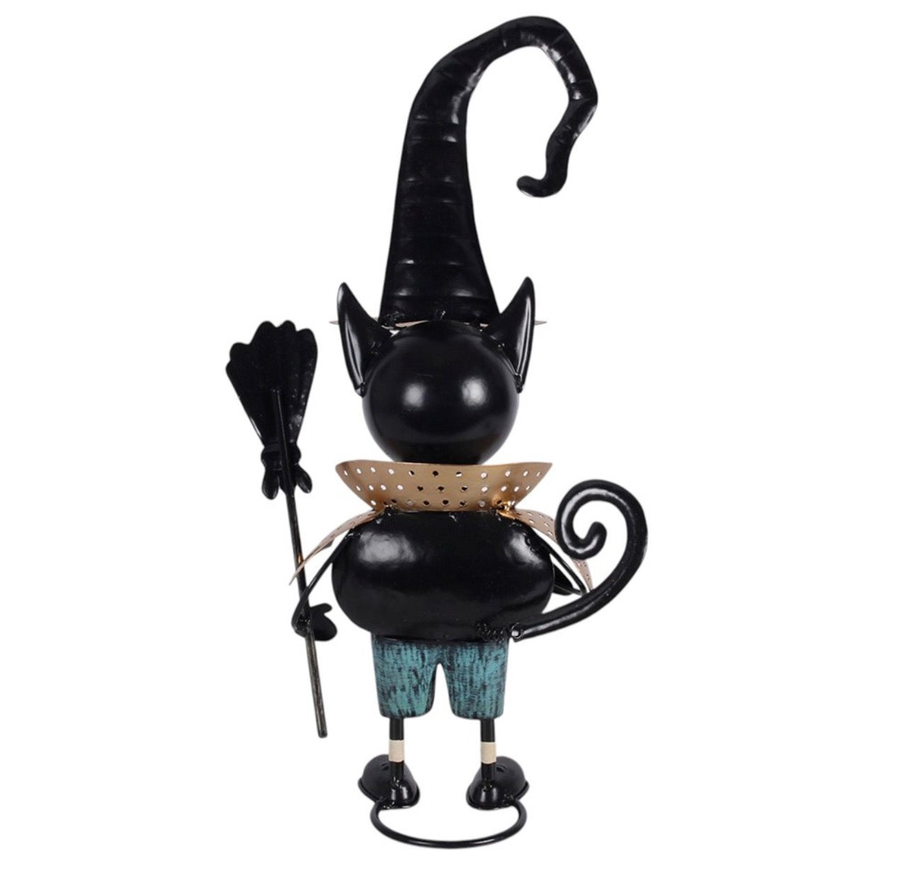 GATO NEGRO DE METAL CON SOMBRERO DE BRUJA 41cm