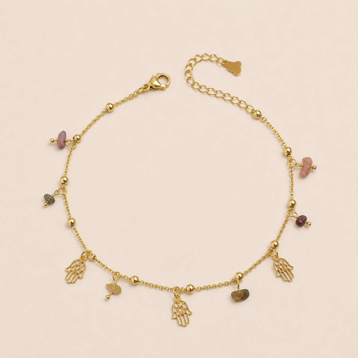 Tobillera Acero Inoxidable Dorado Con Dije de Mano de Fatima y minerales