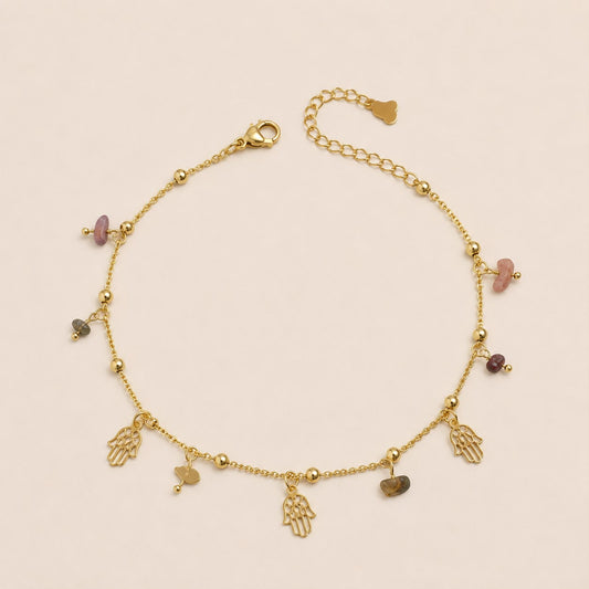 Tobillera Acero Inoxidable Dorado Con Dije de Mano de Fatima y minerales