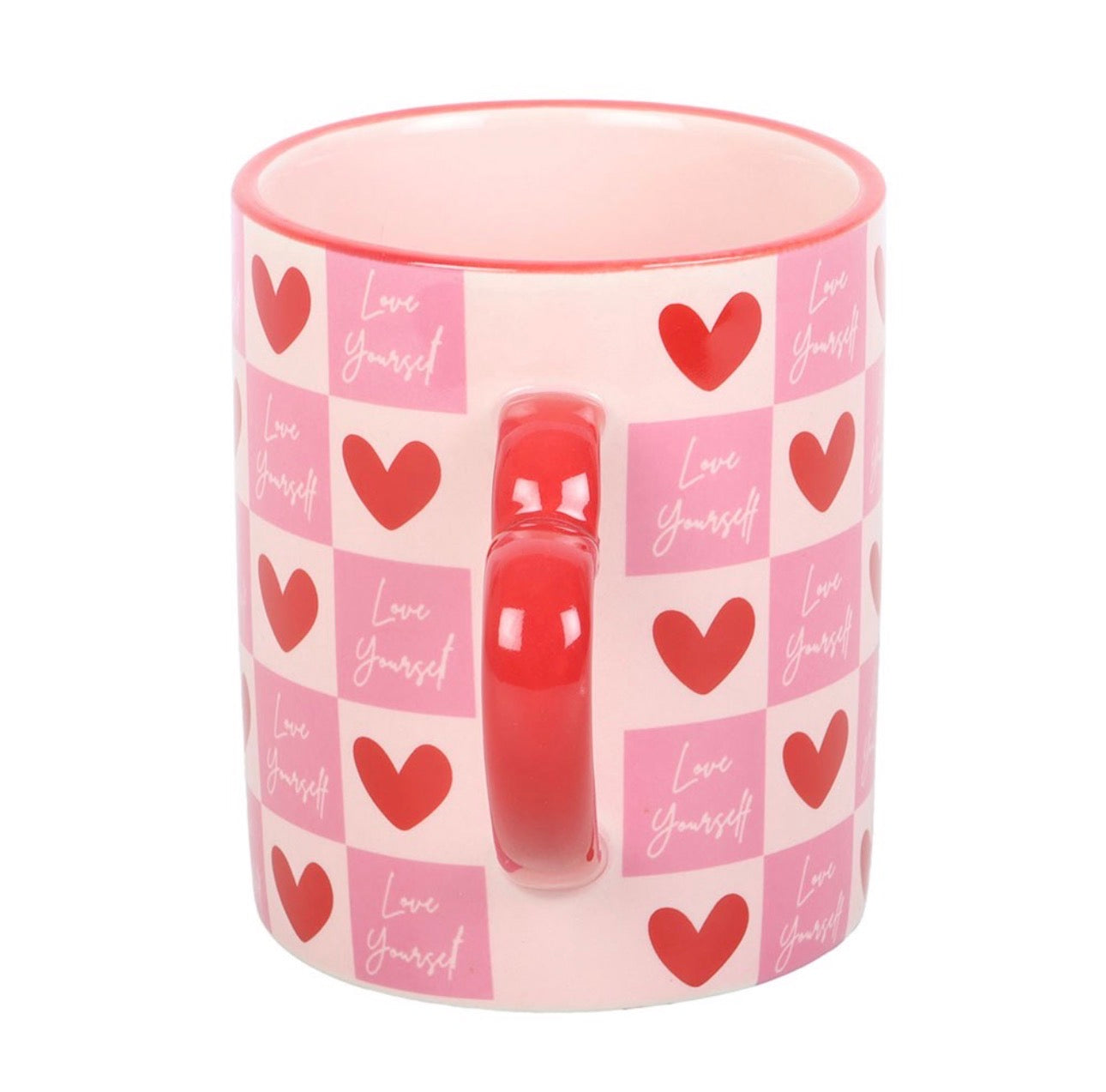 ÁMATE A TI MISMO TAZA A CUADROS CON ASA EN FORMA DE CORAZÓN