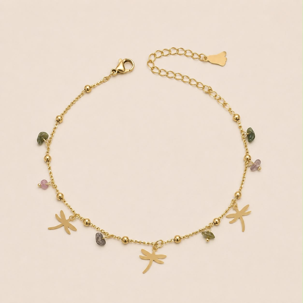Tobillera Acero Inoxidable Dorado Con Dije de Libelula y minerales
