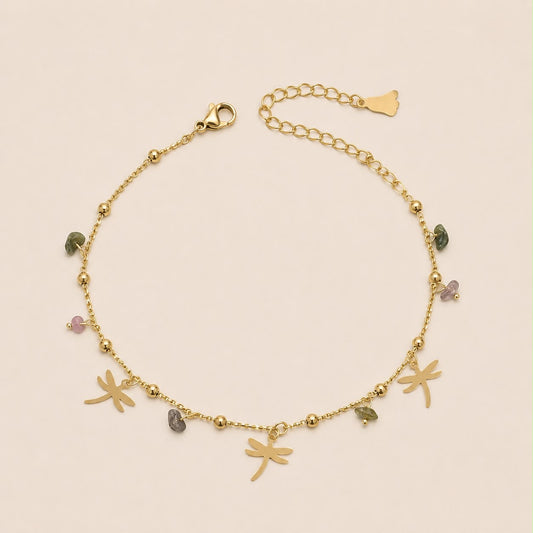 Tobillera Acero Inoxidable Dorado Con Dije de Libelula y minerales