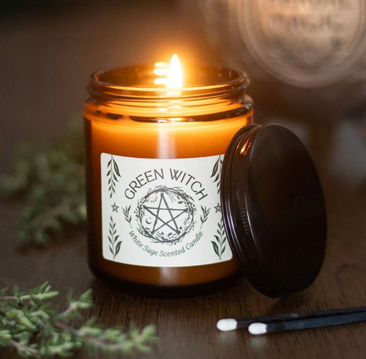 VELA DE CRISTAL ÁMBAR DE LA BRUJA VERDE Y SALVIA BLANCA