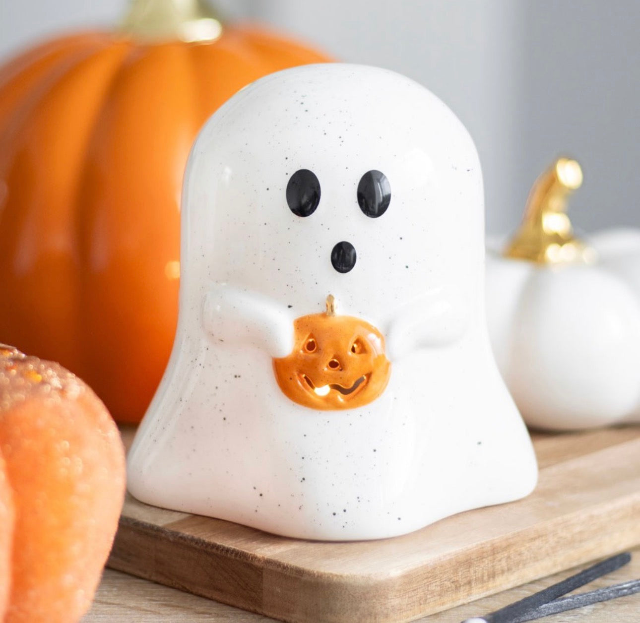 PORTAVELAS CON FORMA DE FANTASMA Y CALABAZA