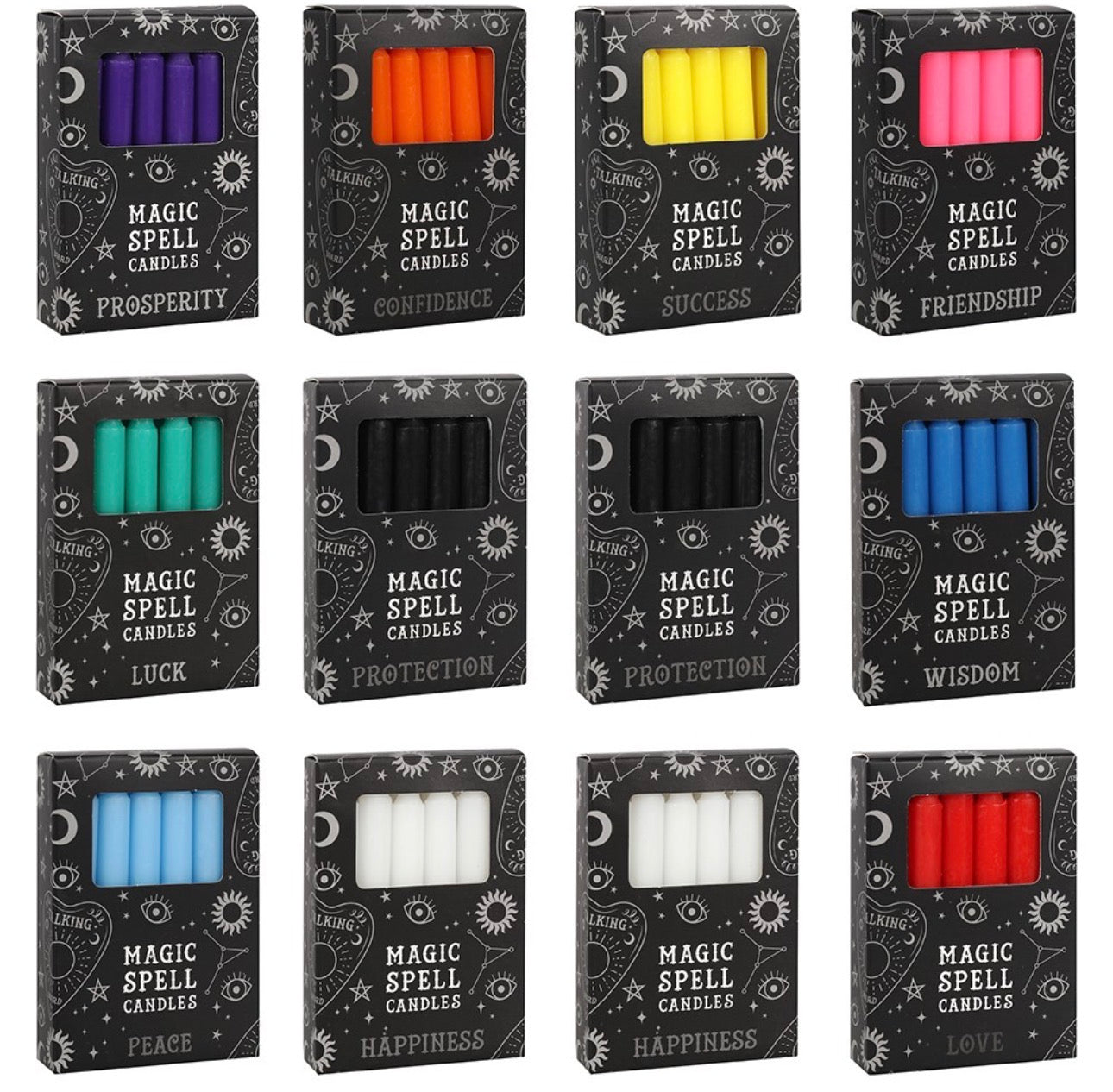 Paquete de 12 velas rituales disponibles en diferentes colores, cada uno con una intención específica