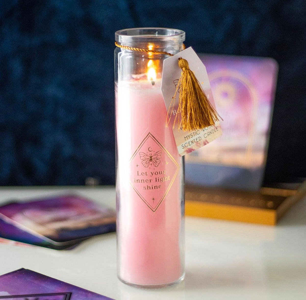 VELA DE TUBO MYSTIC ROSE CON CRISTALES DE CUARZO ROSA